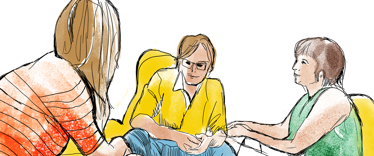 Tecknad bild av flicka som talar med man och kvinna